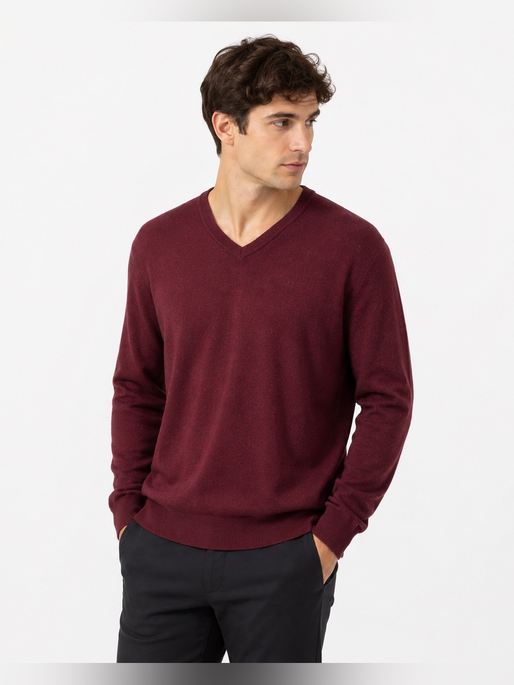 Burgundy  V-Neck 100% Cashmere Long Sleeve Pullover Sweater Mens  Size XL